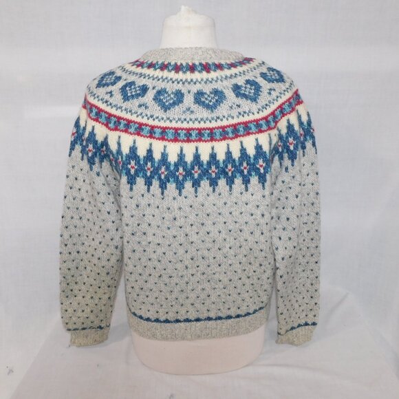 VTG Woolrich Womens M Wool Blend Fair Isle hearts  Sweater Gray Blue Maroon - Picture 7 of 9